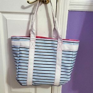 Estee Lauder Blue & White Stripped Utility Medium Canvas Beach Casual Tote Bag